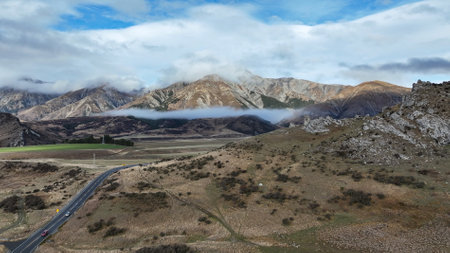 Aerial view of Castle Hill village  an alpine village in Canterbury, New Zealandの写真素材