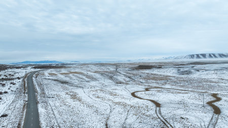 Winter landscape with snow covered meadow and forest in a cloudy day