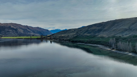 Aerial views of Glendhu Bay coastline at Lake Wanaka on a beautiful sunny dayの写真素材