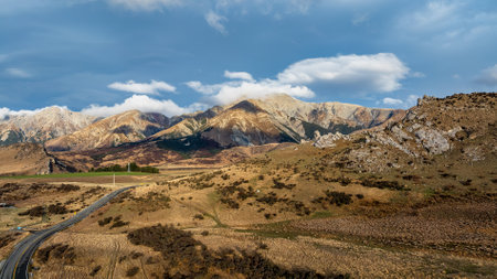 Aerial view of Castle Hill boulders area near  an alpine village in Canterbury, New Zealand
