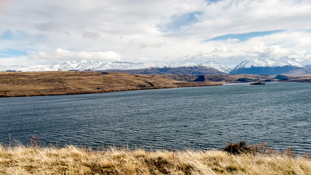 Scenery of lake Alexandrina an alpine lake neighbouring Lake Tekapo