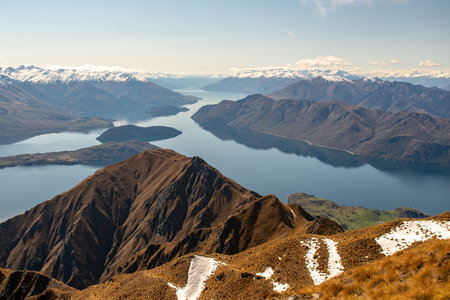 Beautiful mountain landscape of New Zealand alps and lake, South Islandの写真素材