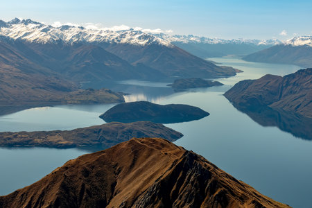 Incredible day hike up Roys Peak with amazing scenery of  the Southern Alps and Lake Wanakaの写真素材