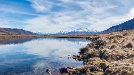 Landscape of New Zealand alps and lake with clear blue skyの写真素材