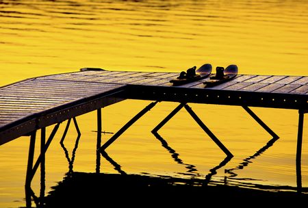 A pair of waterskis sitting on the dock in northern Wisconsin.の写真素材