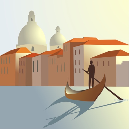 man and boat on town backgroundのイラスト素材