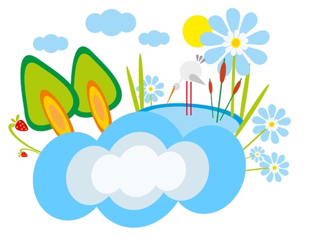 baby drawing - a heron in bulrush, wood with berry and lakeのイラスト素材