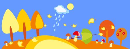 baby drawing - a wood with mushroom, umbrella and rainのイラスト素材