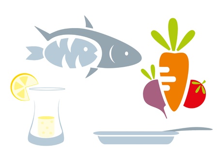 food set - beet, tomato, lemon, goblet, fruit, fish, pan, plateのイラスト素材