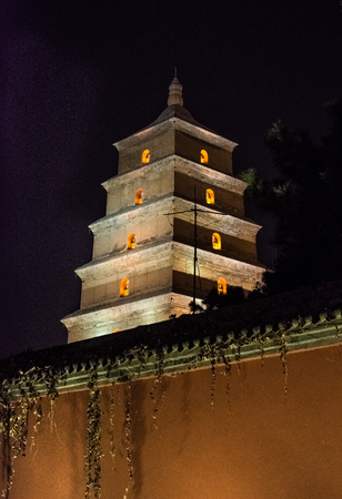 Giant wild goose pagoda by night, Xi'An, Chinaの写真素材