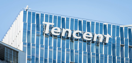 SHENZHEN, CHINA, JANUARY 9 2018: Logo of Tencent on the skyscraper of headquarters. Tencent is one of the largest Internet, gaming and technology companies in the worldのeditorial素材