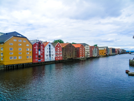 Colorful canal of Trondheim, Norwayの写真素材