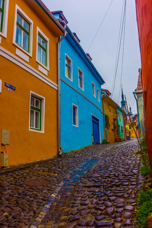 Colorful streets of Sighisoara, Romaniaのeditorial素材