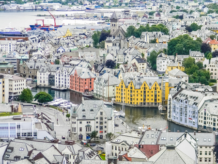 Beautiful aerial view of the Alesund cityscape, Norwayの写真素材