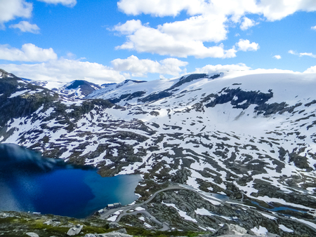 Dalsnibba snowy mountain and glacial lake, Norwayの写真素材