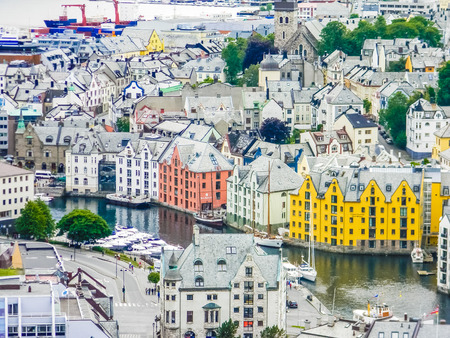 Beautiful aerial view of the Alesund cityscape, Norwayの写真素材