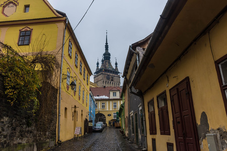 Colorful streets of Sighisoara, Romaniaのeditorial素材