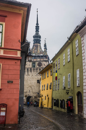 Colorful streets of Sighisoara, Romaniaのeditorial素材