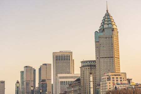 Modern skyscrapers of Shanghai at sunset, Chinaの写真素材