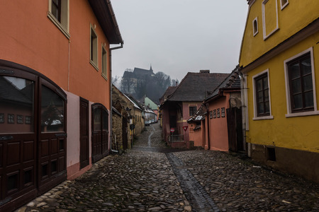 Colorful streets of Sighisoara, Romaniaの写真素材