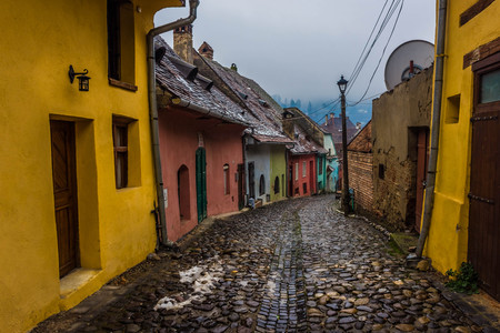 Colorful streets of Sighisoara, Romaniaの写真素材