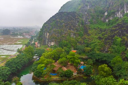 Landscape of Tam Coc during heavy rain, Vietnamの写真素材