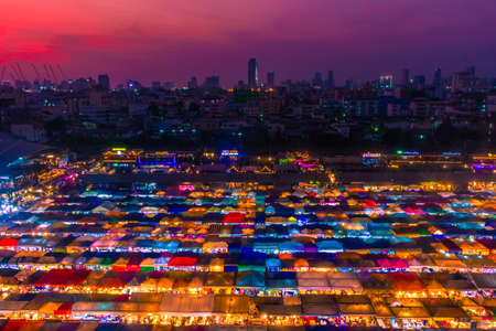 BANGKOK, THAILAND, 14 JANUARY 2020: Aerial view of the colorful Ratchada Train Night Market at twilightのeditorial素材
