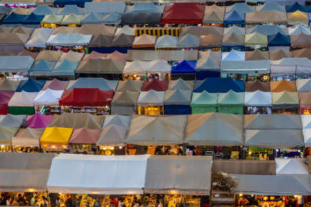 BANGKOK, THAILAND, 14 JANUARY 2020: Aerial view of the Ratchada Train Night Market at duskのeditorial素材