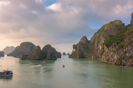 Beautiful sunset over Ha Long Bay, Vietnamの写真素材