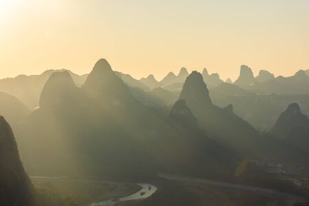 Sunlight over the beautiful karst landscape of Xingping, Guilin, Chinaの写真素材