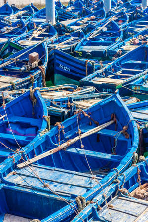 Typical blue boats in the harbor of Essaouira, Moroccoのeditorial素材