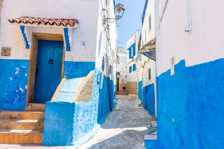Blue and white street in the medina of Rabat, Moroccoのeditorial素材