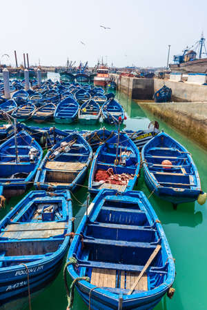 Traditional blue boats in the harbor of Essaouira, Moroccoのeditorial素材