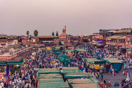 MARRAKECH, MOROCCO, SEPTEMBER 3 2018: Djemaa El Fna market square from above at sunsetのeditorial素材