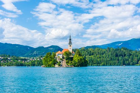 Church on the island of Lake Bled, Sloveniaの写真素材