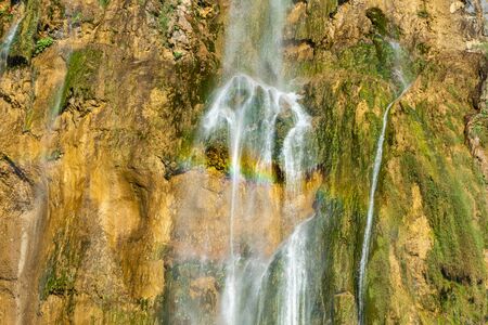 Rainbow in the Great Waterfall of Plitvice Lakes, Croatiaの写真素材