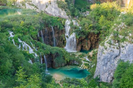 Beautiful natural waterfalls and lake of Plitvice National Park, Croatiaの写真素材