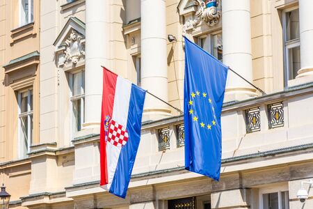 Croatian and European flags in Zagrebの写真素材