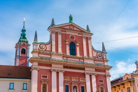 Red Church in Ljubljana Historic Center, Sloveniaの写真素材