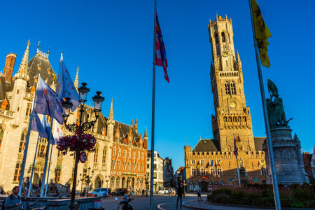 BRUGES, BELGIUM, 21 JULY 2020: Main square and city hallのeditorial素材