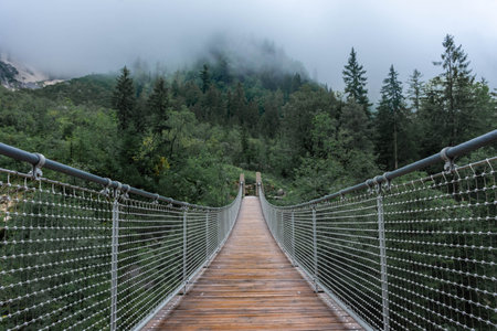 The Hangebrucke, hanging wooden bridge in the forest of Berchtesgaden National Park in Germany