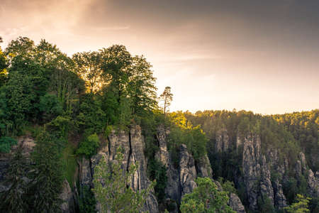 Beautiful sunset over the karst mountains of Saxon Switzerland National Park, Germany