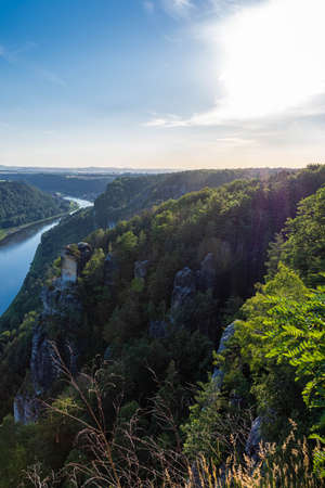 Aerial view over the Elbe River, Saxon Switzerland, Germanyの写真素材