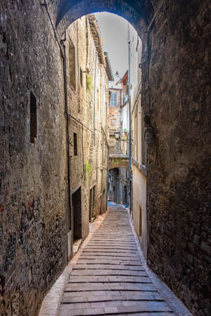Medieval street in Perugia historic center, Umbria, Italyの写真素材