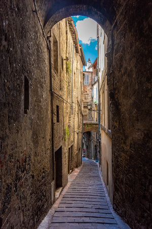 Medieval street in Perugia historic center, Umbria, Italyの写真素材