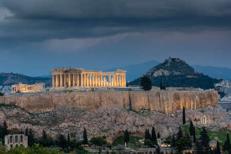 Beautiful night view of the Parthenon and the Acropolis, Athens, Greeceの写真素材