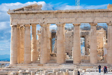 The Temple of Poseidon at Cape Sounion at sunset, over the Aegean Sea in Greeceの写真素材