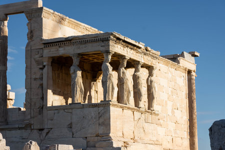 The Caryatides, female statues in the Acropolis of Athens, Greeceの写真素材