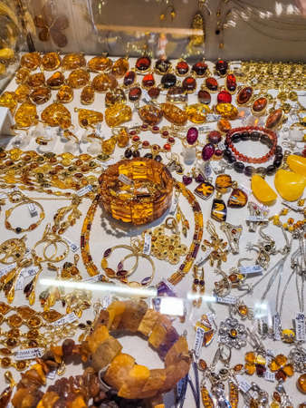 KRAKOW, POLAND, 7 JANUARY 2022: Amber in the Cloth Hall, amber is the main stone of Poland