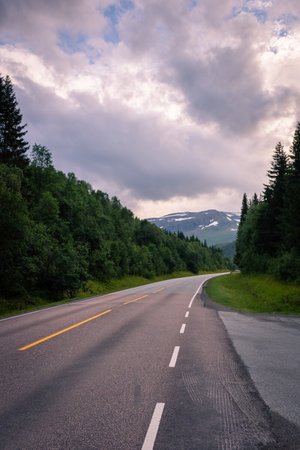 A scenic road in Norwegian Lapland under the midnight sunの写真素材